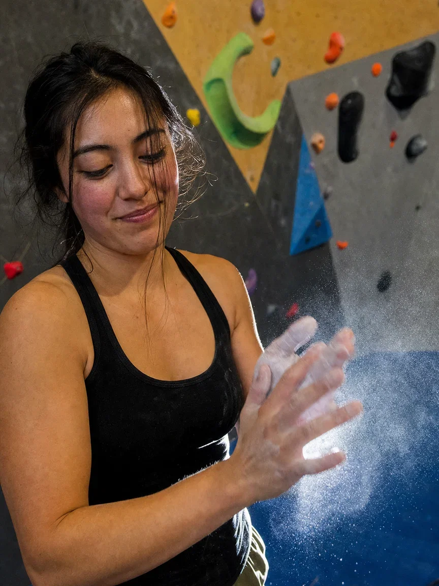 Climber clapping chalk dust in a bouldering gym, generated with GPT Image 2 on FluxoKit
