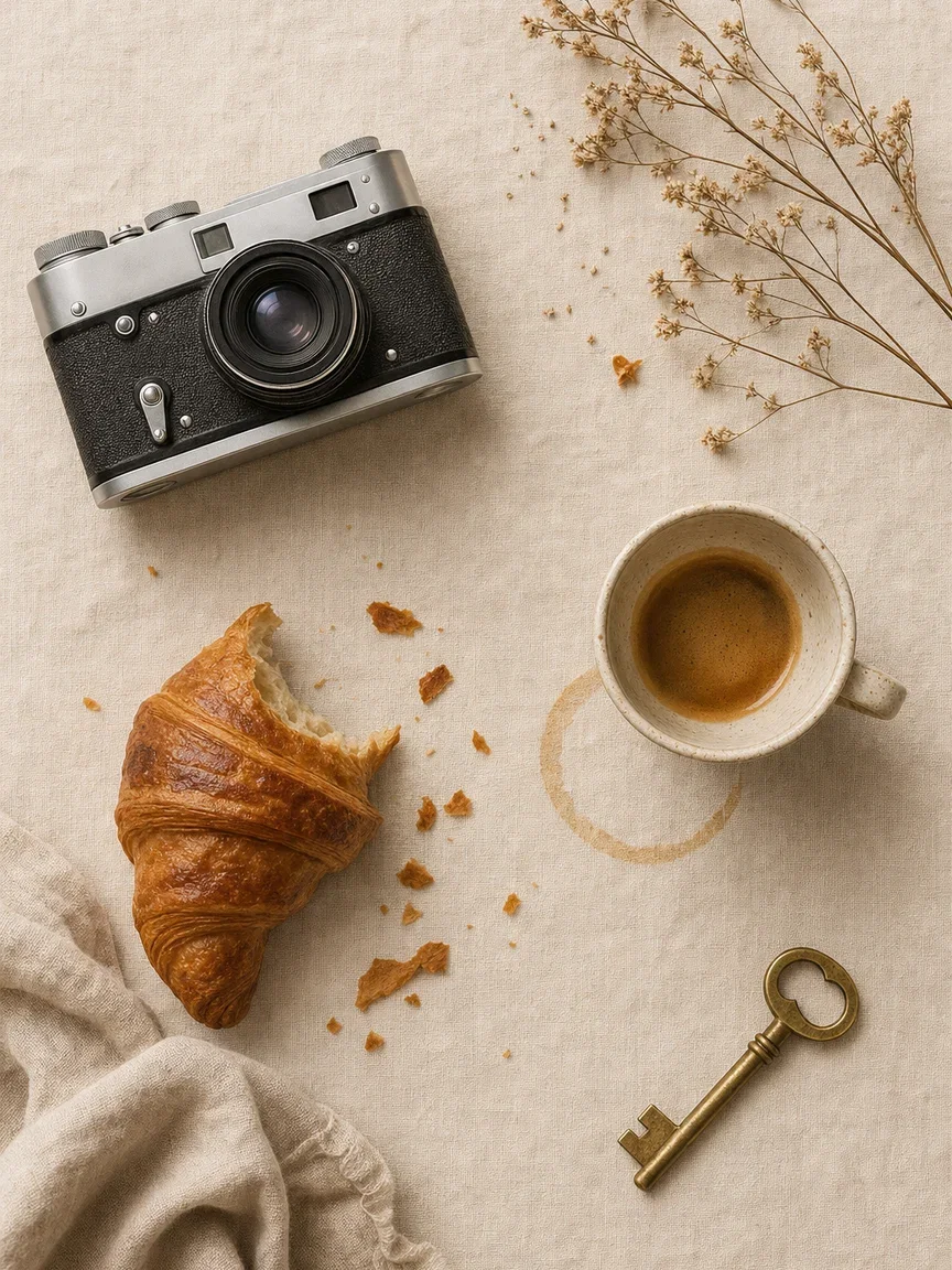 Art-directed flat lay with film camera, croissant, espresso ring, dried flowers and brass key, generated with GPT Image 2 on FluxoKit