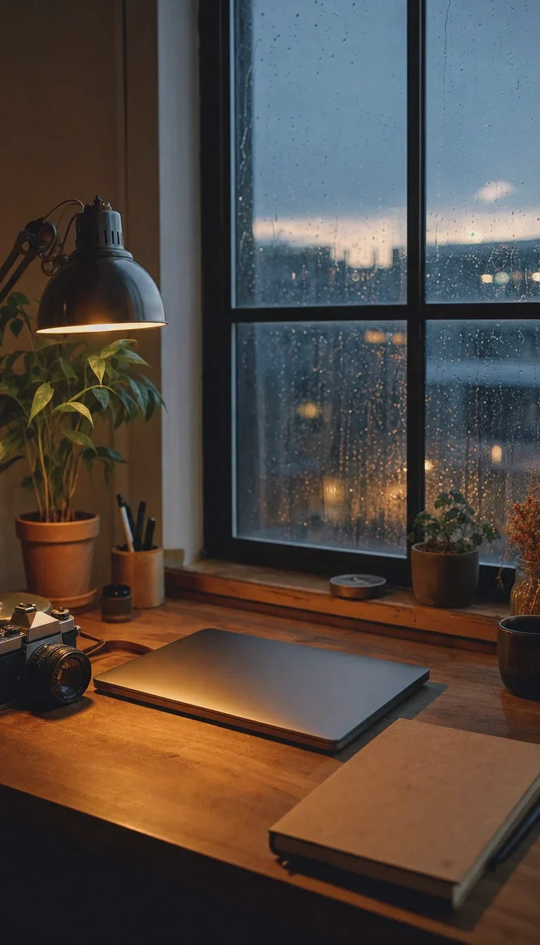 Creator's desk at dusk with lamp glow and rain on the window, generated with GPT Image 2 on FluxoKit