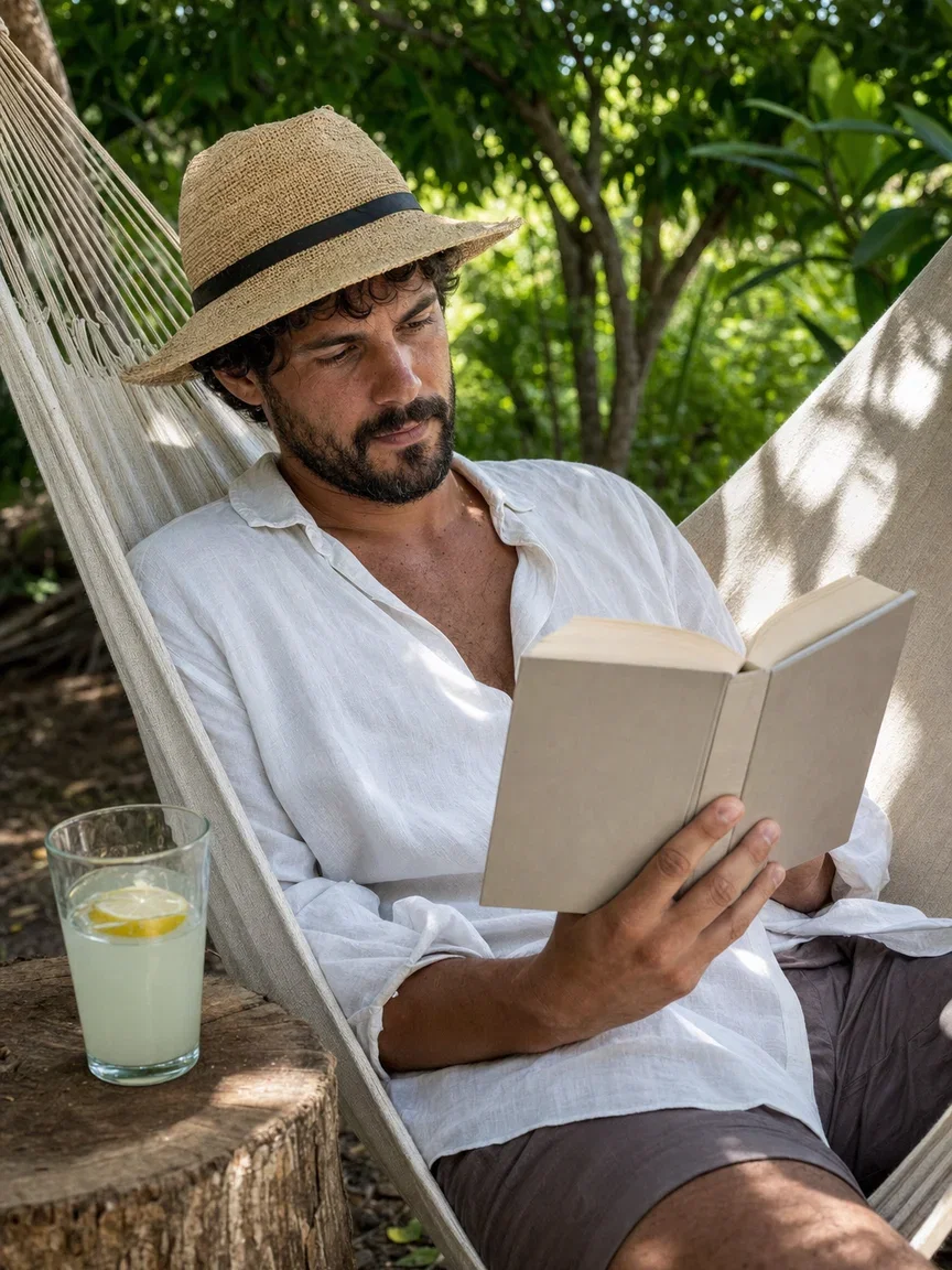 Man reading in a garden hammock under dappled shade, generated with GPT Image 2 on FluxoKit