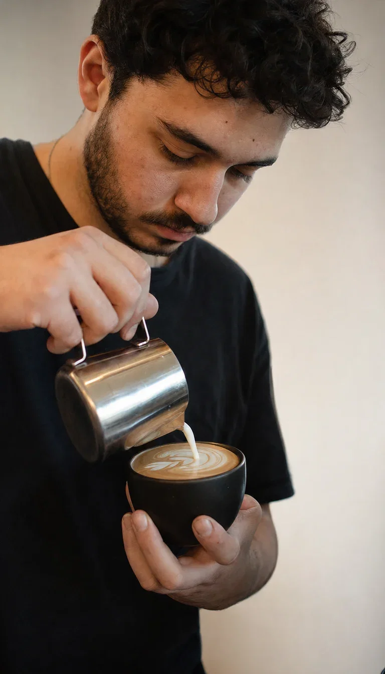Barista pouring latte art in warm window light, generated with GPT Image 2 on FluxoKit