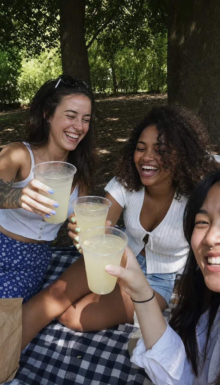 Friends laughing at a park picnic in dappled shade, generated with GPT Image 2 on FluxoKit