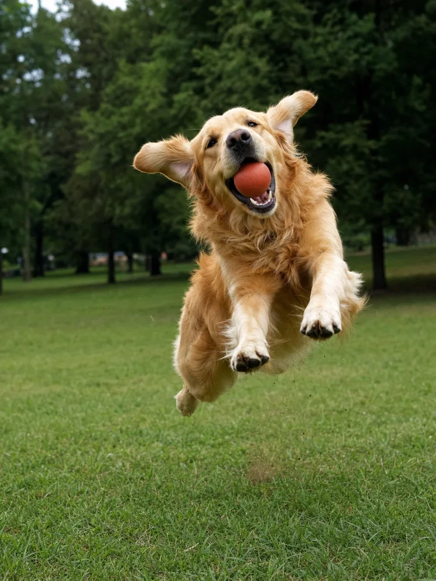 Golden retriever mid-air catching a plain ball at the park, generated with GPT Image 2 on FluxoKit