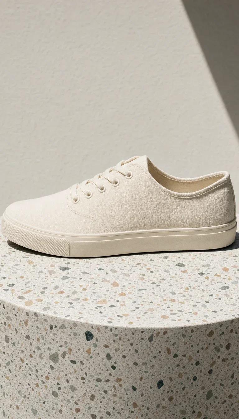 Plain unbranded cream sneaker on a terrazzo pedestal, generated with GPT Image 2 on FluxoKit