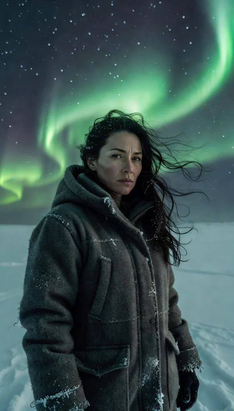 Portrait of a woman in a wool parka under a green aurora sky, generated with Grok Imagine on FluxoKit