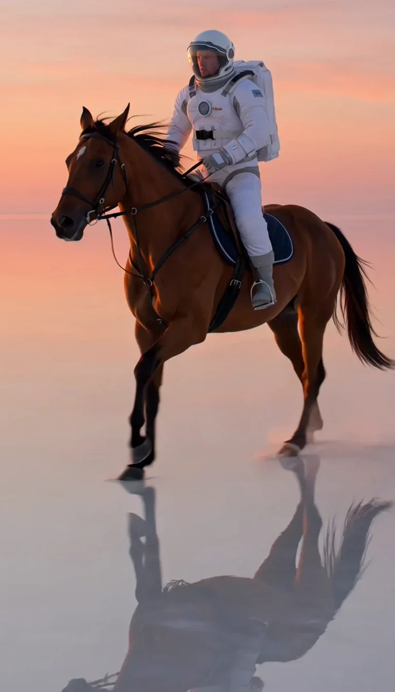 Horse mid-canter stride with the astronaut leaning forward, beat frame from a Grok Imagine take on FluxoKit