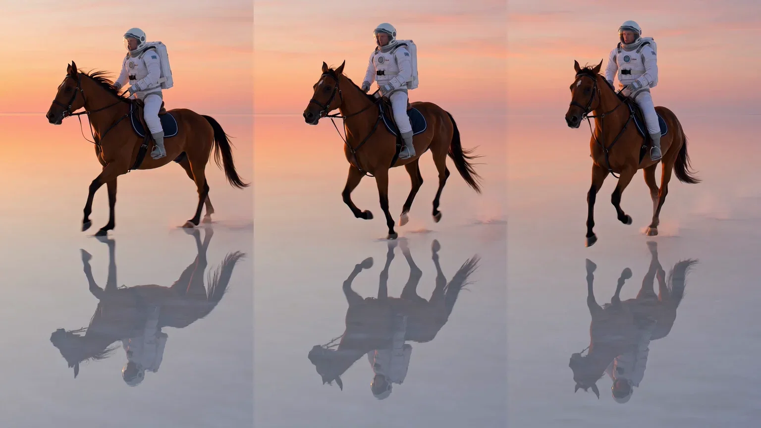Three-beat strip of the astronaut's canter across the salt lake from one Grok Imagine take, generated on FluxoKit