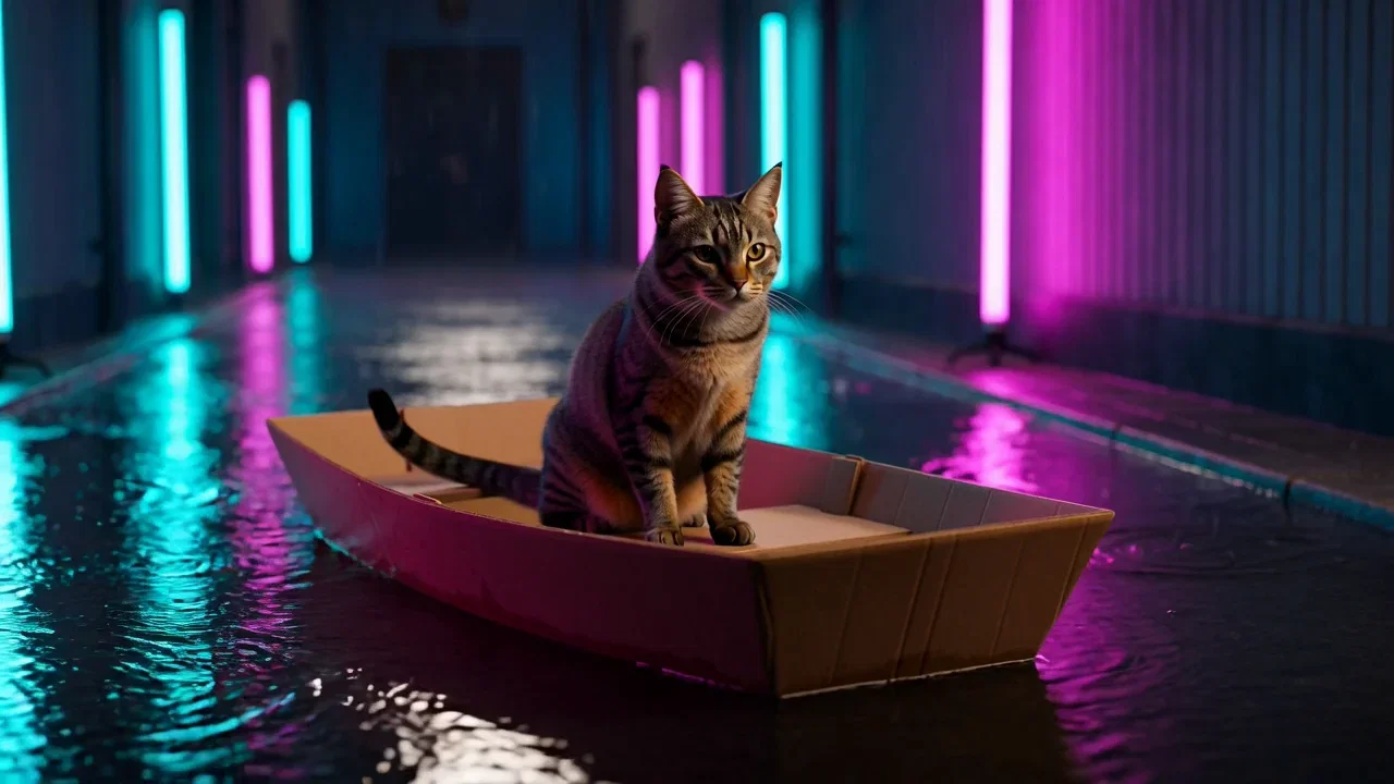 Cat in a cardboard boat drifting through a flooded neon-lit alley at night, generated with Grok Imagine on FluxoKit