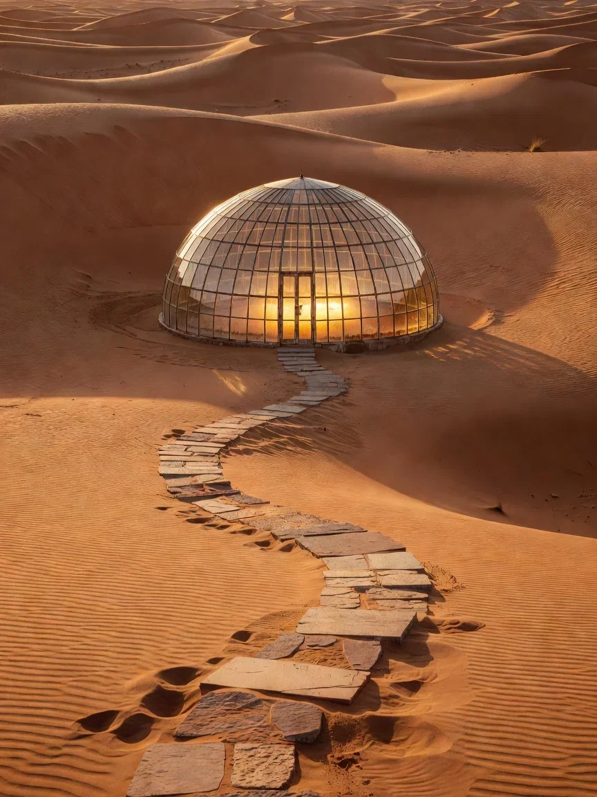 Glass greenhouse dome glowing among desert dunes at golden hour, generated with Grok Imagine on FluxoKit
