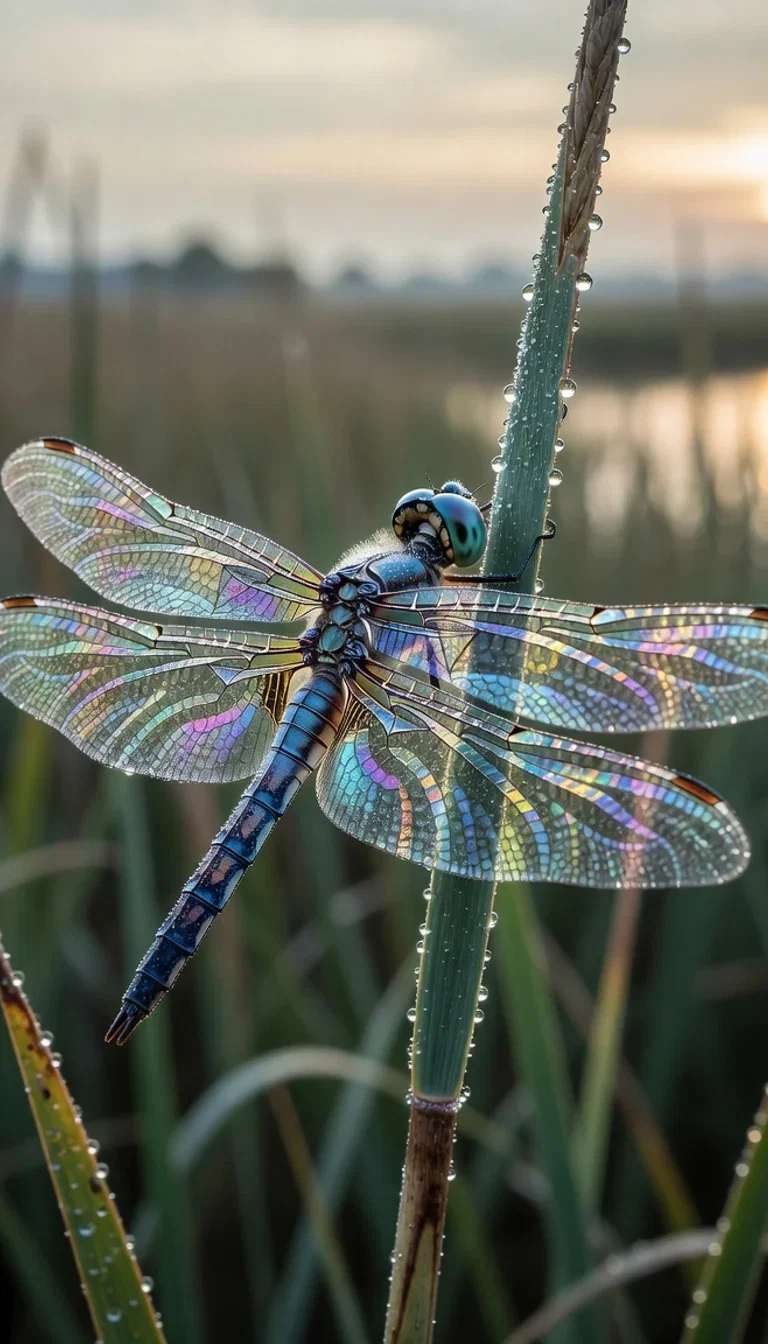 Macro of a dragonfly on a dew-covered reed at dawn, generated with Grok Imagine on FluxoKit