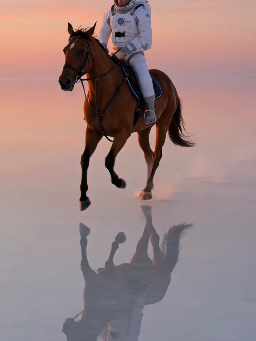 Dust trailing behind the canter across the salt flat, beat frame from a Grok Imagine take on FluxoKit