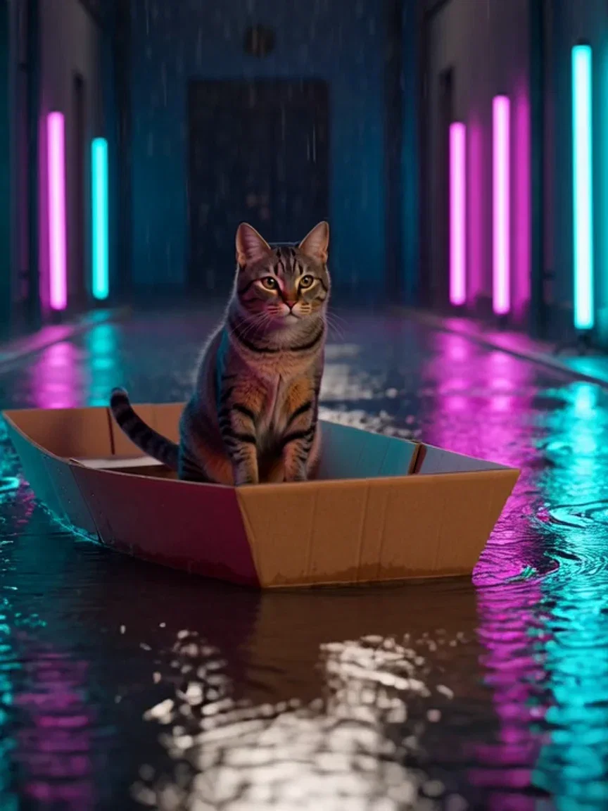 Teal and magenta glow over the flooded alley, beat frame from a Grok Imagine take on FluxoKit