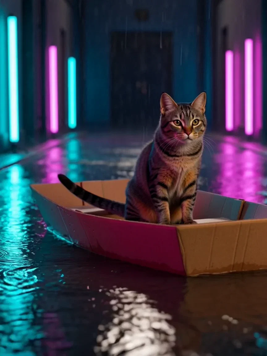 Neon reflections rippling around the cardboard boat, beat frame from a Grok Imagine take on FluxoKit