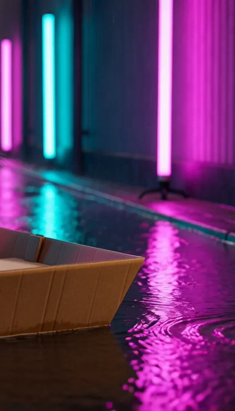 Gentle rain in neon bokeh over the flooded alley, beat frame from a Grok Imagine take on FluxoKit