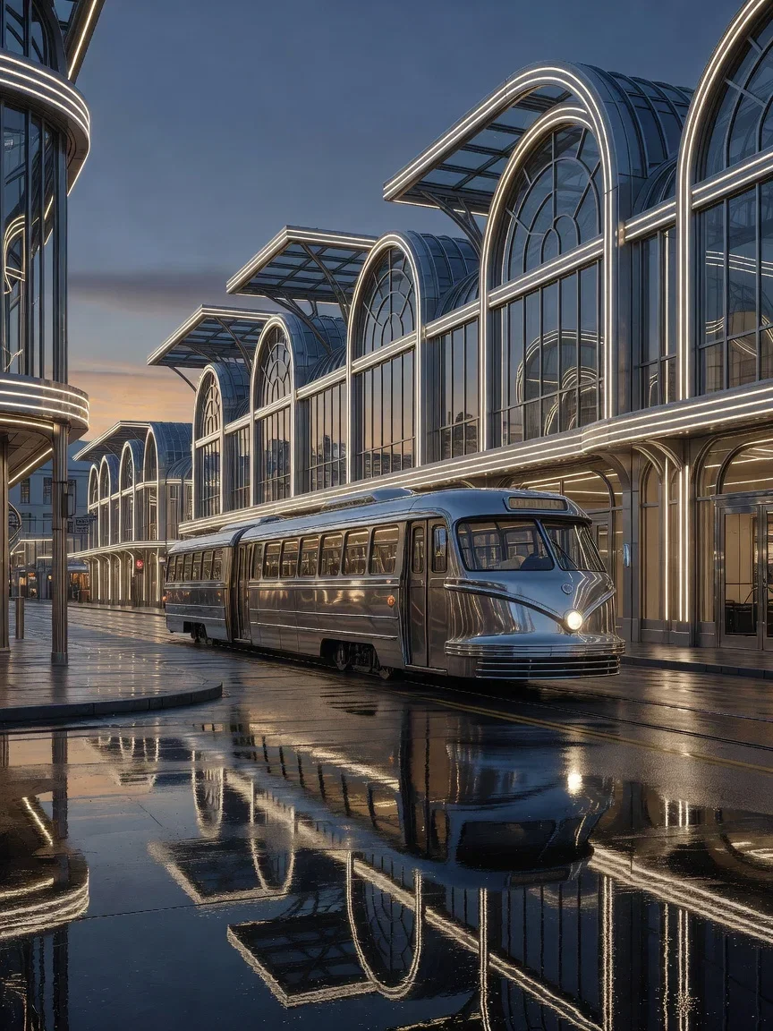 Retro-futurist city street at dusk with a chrome tram and wet asphalt reflections, generated with Grok Imagine on FluxoKit