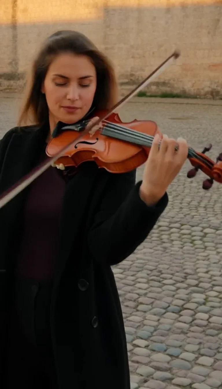 Bow arm mid-phrase in golden light, beat frame from a Hailuo 2.3 clip on FluxoKit