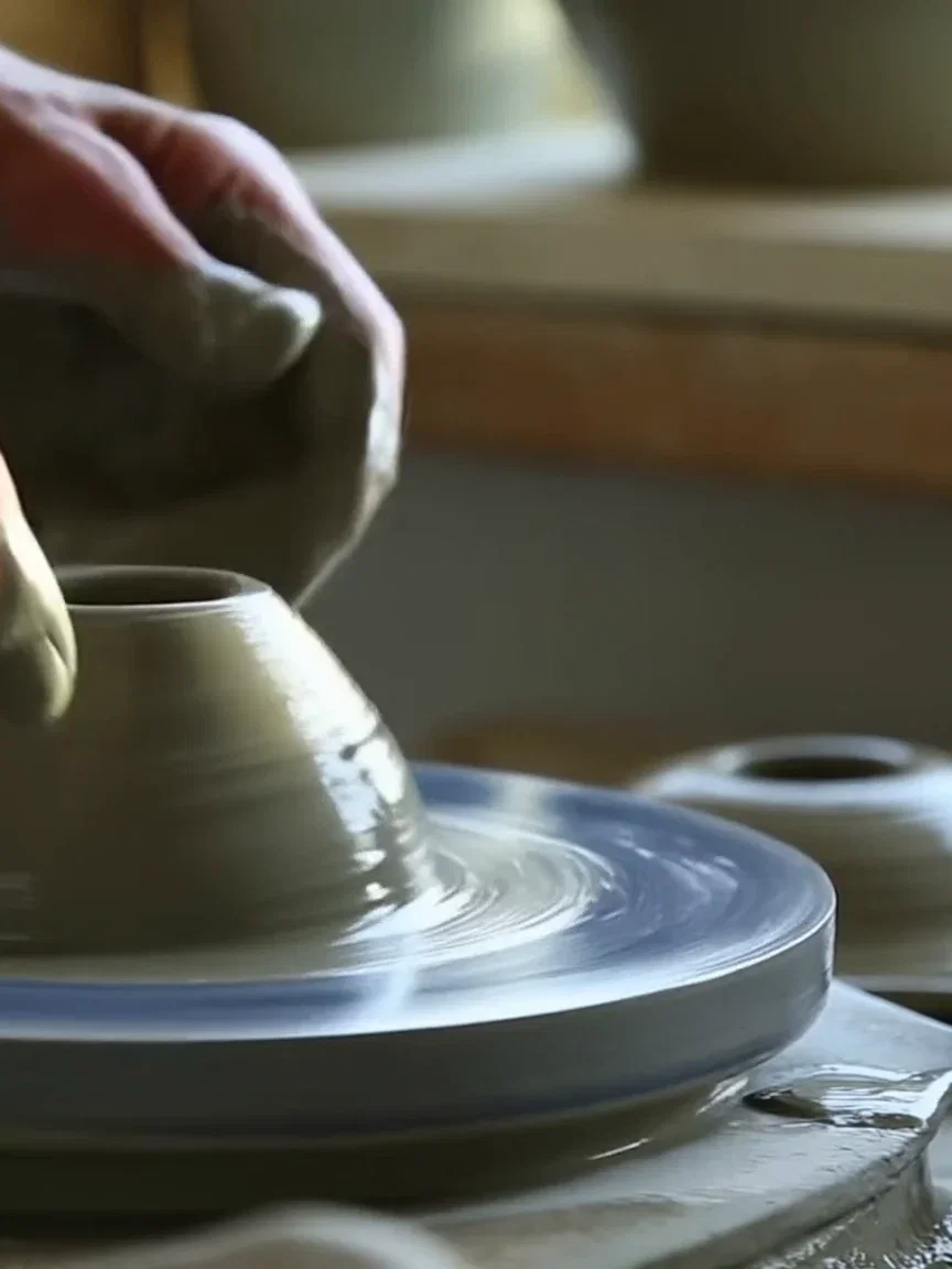 Clay walls risen into a bowl on the spinning wheel, beat frame from a Hailuo 2.3 clip on FluxoKit