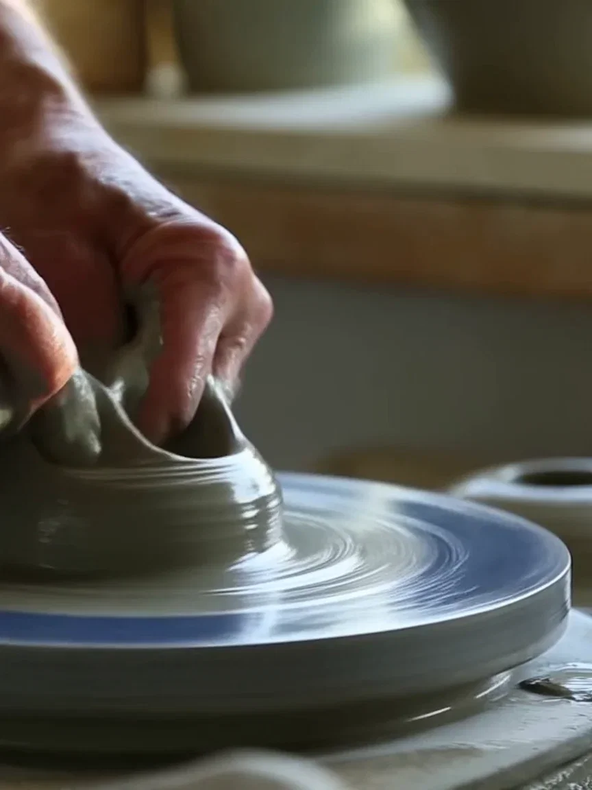 Clay walls rising under wet fingers on the wheel, beat frame from a Hailuo 2.3 clip on FluxoKit