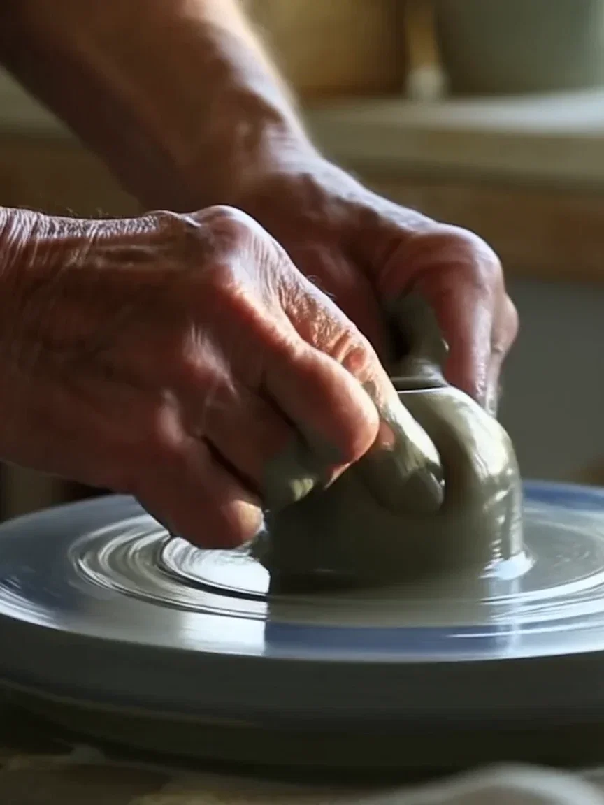 Weathered hands steadying the spinning clay, beat frame from a Hailuo 2.3 clip on FluxoKit