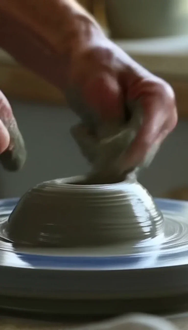 Elderly potter's hands shaping spinning clay in sunlit workshop light, generated with Hailuo 2.3 on FluxoKit