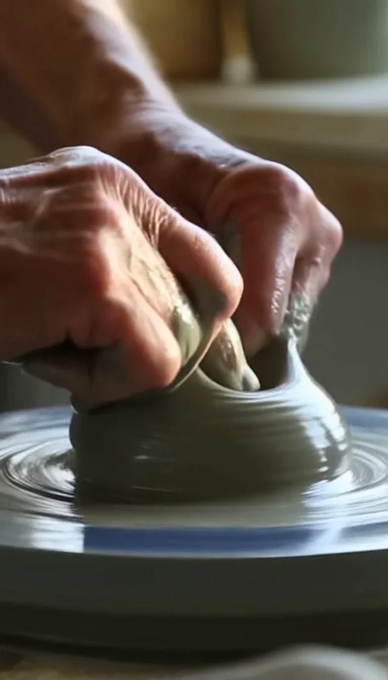 The pottery wheel spinning under workshop light, beat frame from a Hailuo 2.3 clip on FluxoKit