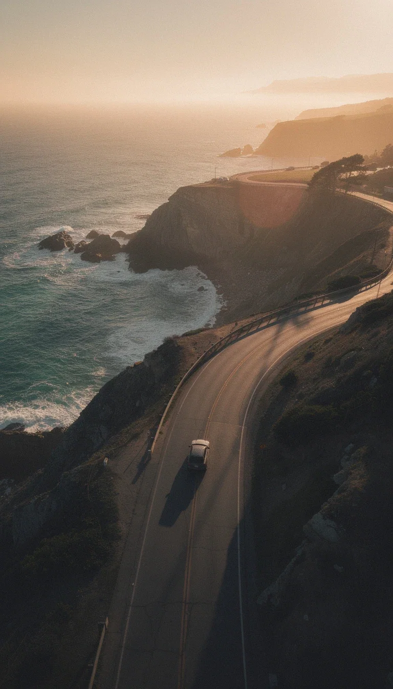 Aerial establishing keyframe of a lone car on a winding coastal road at golden hour, generated on FluxoKit