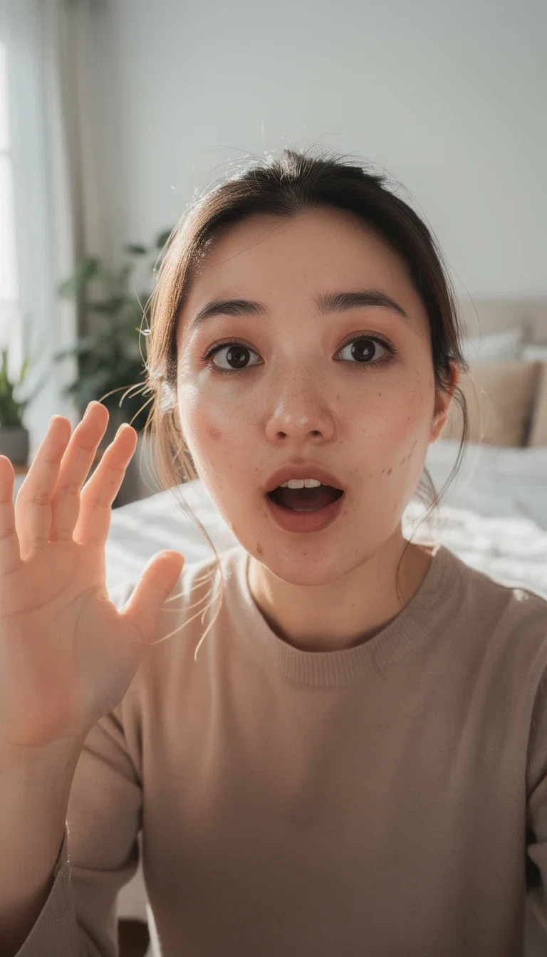 Vertical UGC keyframe of a creator talking to camera mid-gesture in a bright bedroom studio, generated on FluxoKit