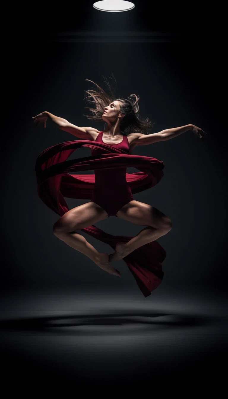 Slow-motion style keyframe of a dancer mid-leap with crimson fabric coiling under a single strobe, generated on FluxoKit