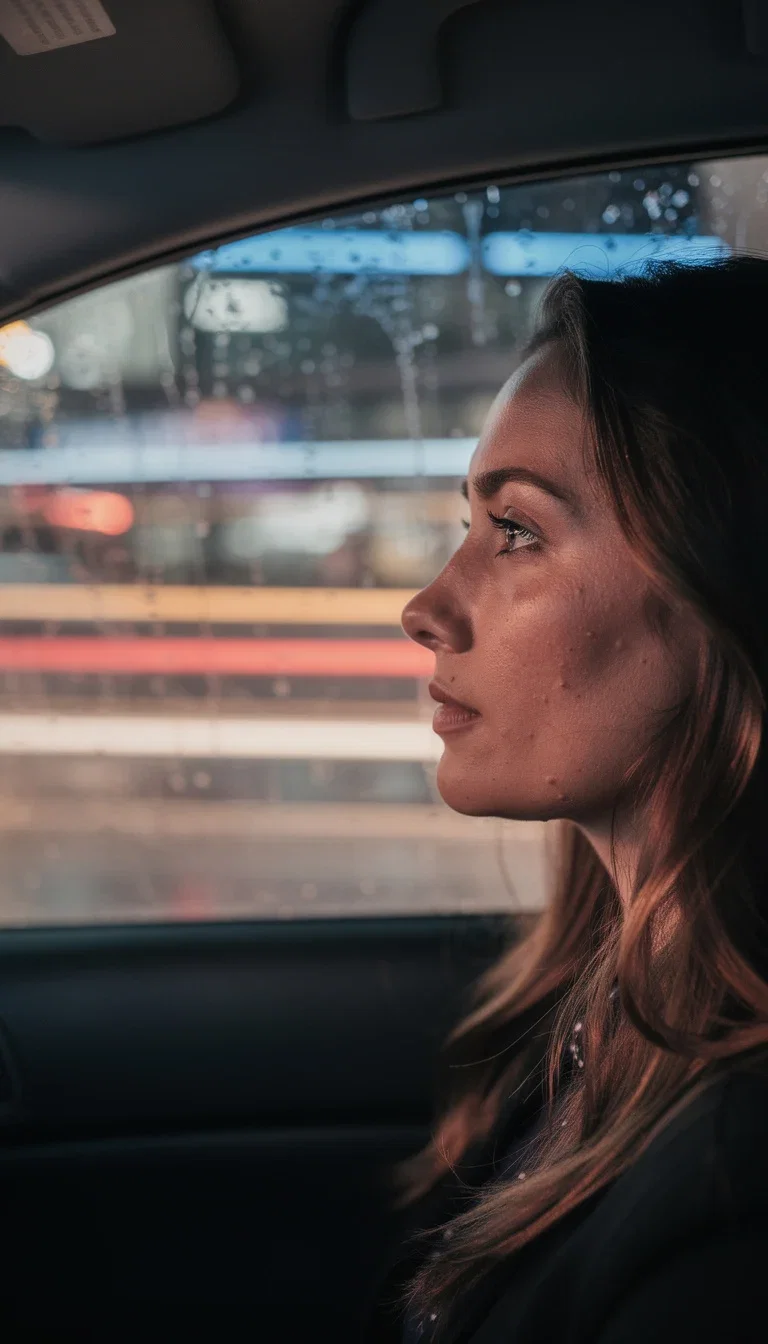 Keyframe through a rain-dotted car window of a passenger lit by streaking colored city lights, generated on FluxoKit