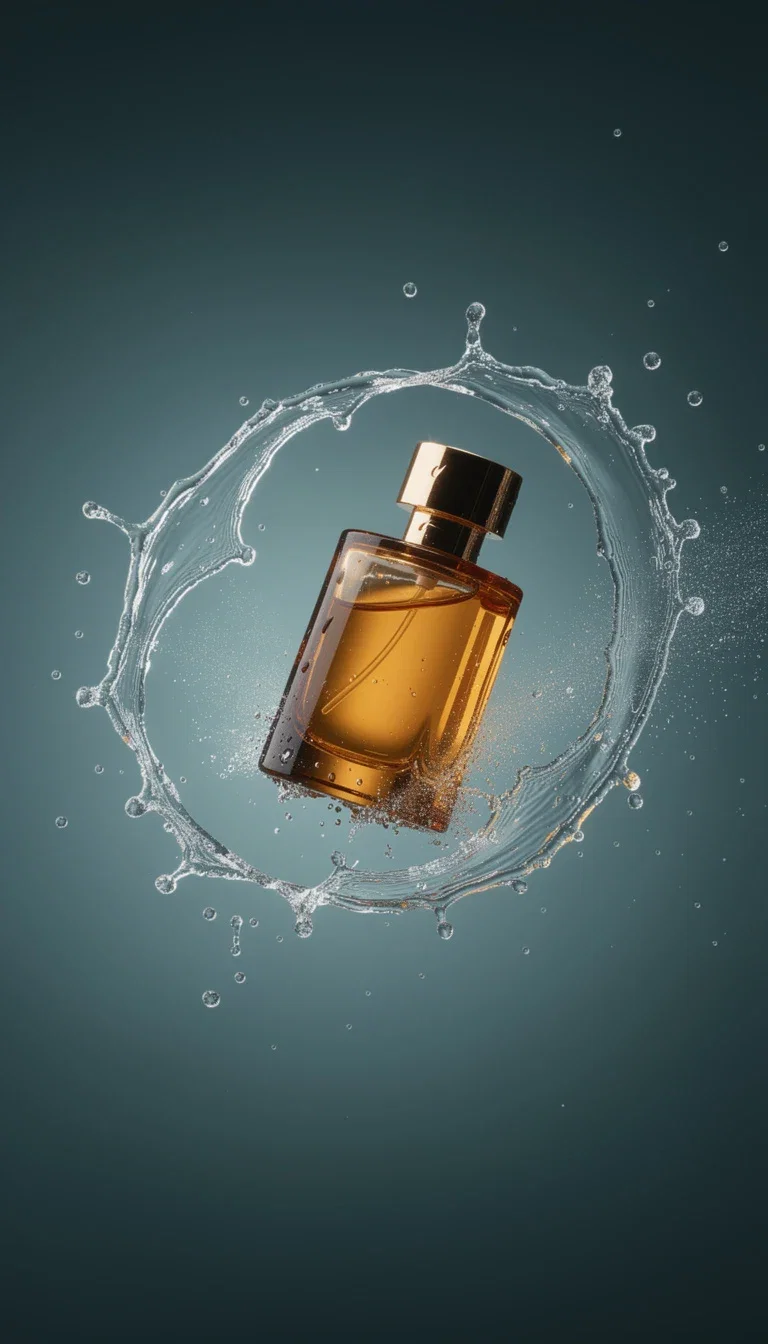 High-speed keyframe of an unlabeled amber perfume bottle frozen inside a ring of water splash on teal, generated on FluxoKit