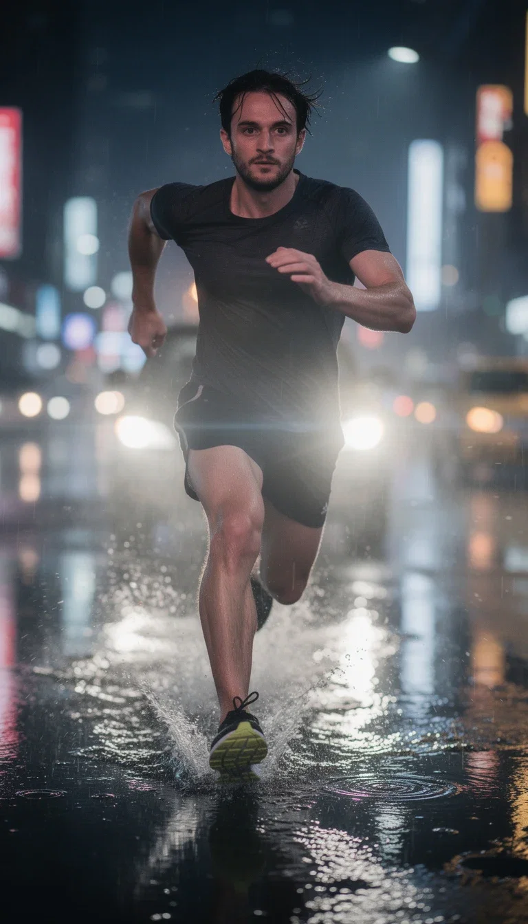 Cinematic keyframe of a sprinter crossing a rain-soaked street at night with headlight flare and frozen spray, generated on FluxoKit