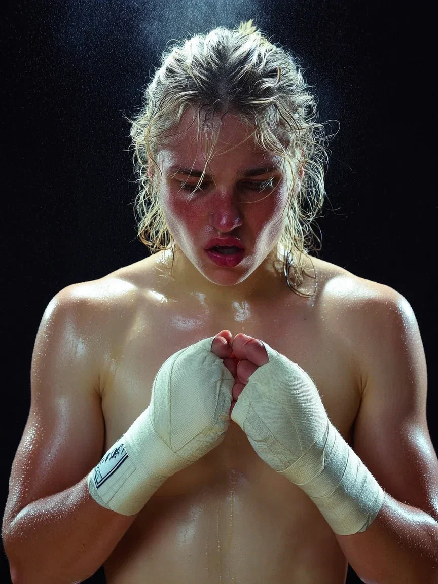 Woman boxer between rounds under a single overhead light with sweat vapor, generated with Higgsfield Soul on FluxoKit