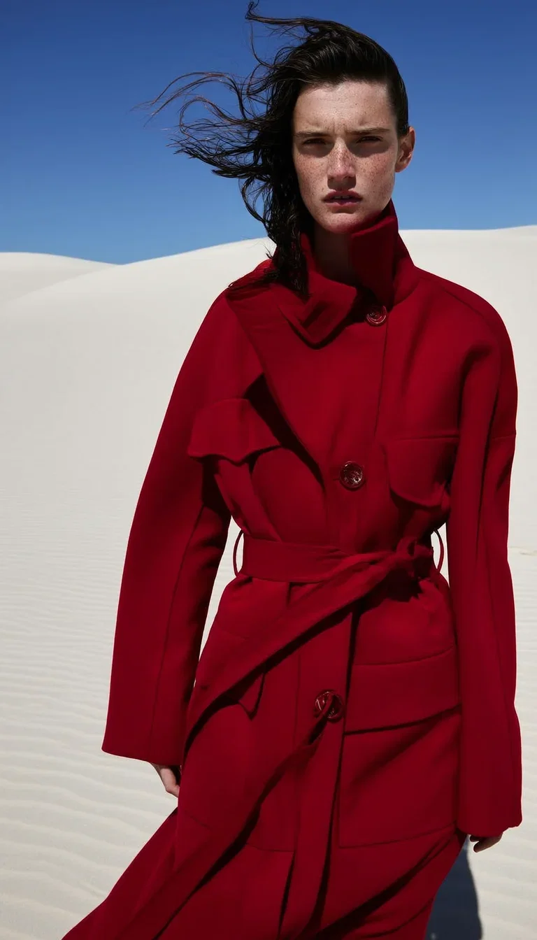 Fashion editorial of a model in a crimson coat in white dunes under harsh sun, generated with Higgsfield Soul on FluxoKit