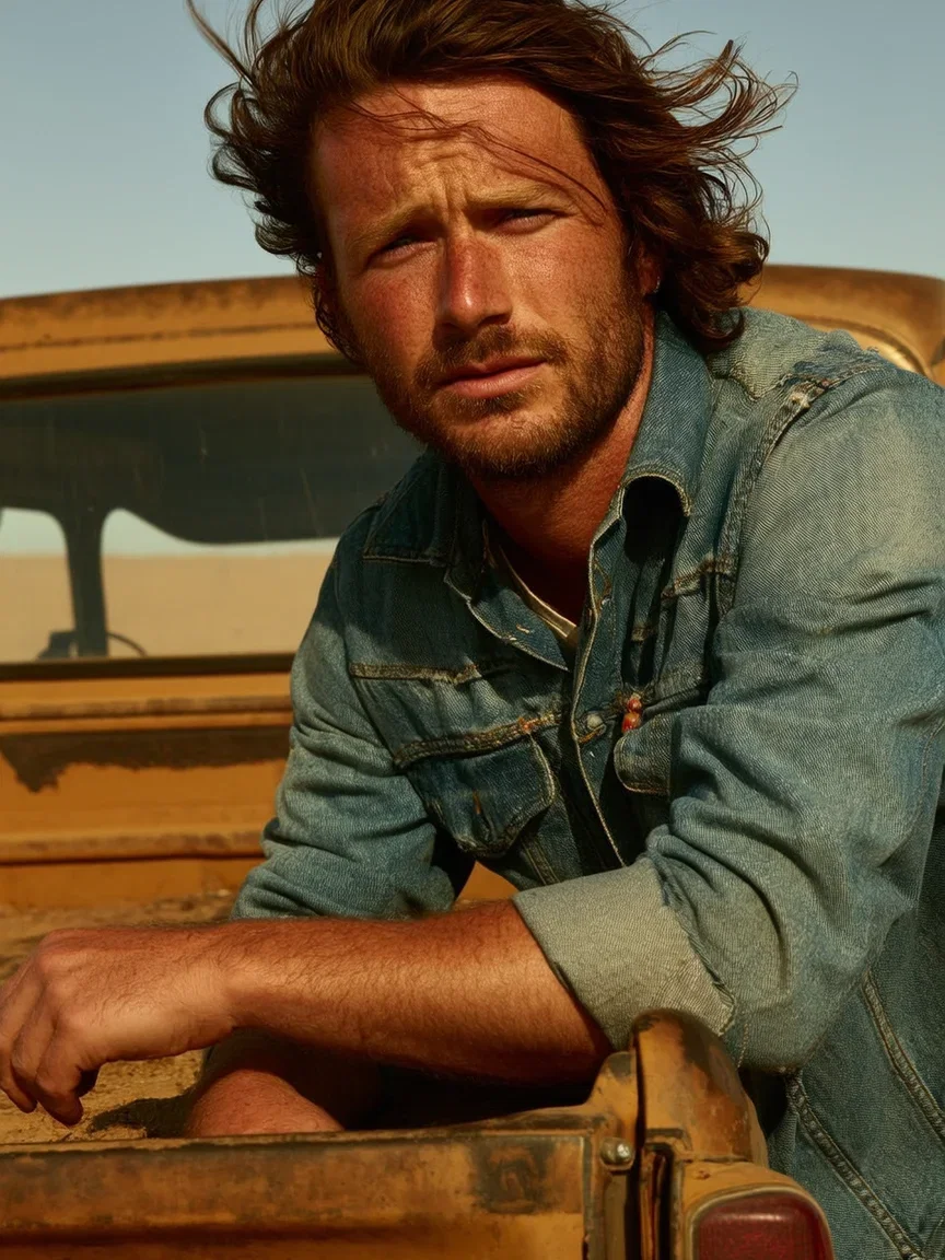 Man leaning on a dusty vintage truck in golden desert light, generated with Higgsfield Soul on FluxoKit
