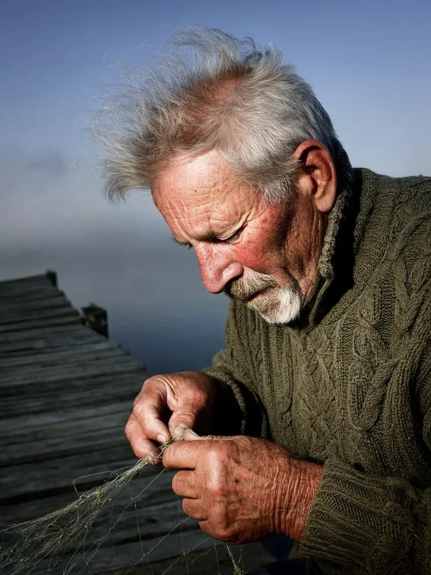 Elderly fisherman repairing a net on a misty dock at dawn, generated with Higgsfield Soul on FluxoKit