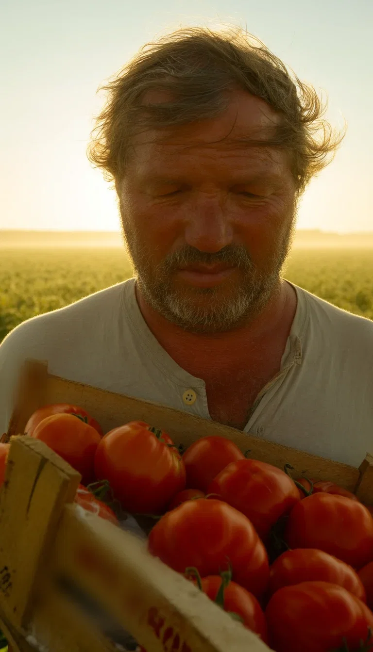 Farmer holding a crate of tomatoes in hazy morning field light, generated with Higgsfield Soul on FluxoKit