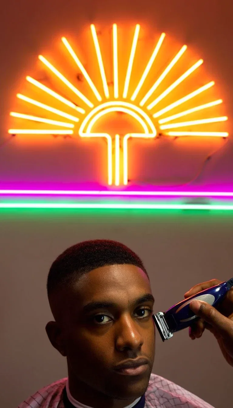 Barber lining up a fade in teal and magenta neon light, generated with Higgsfield Soul on FluxoKit