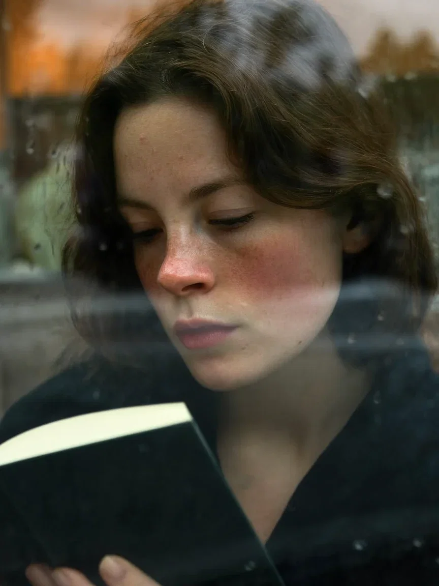Woman reading by a rain-streaked cafe window with neon bokeh, generated with Higgsfield Soul on FluxoKit