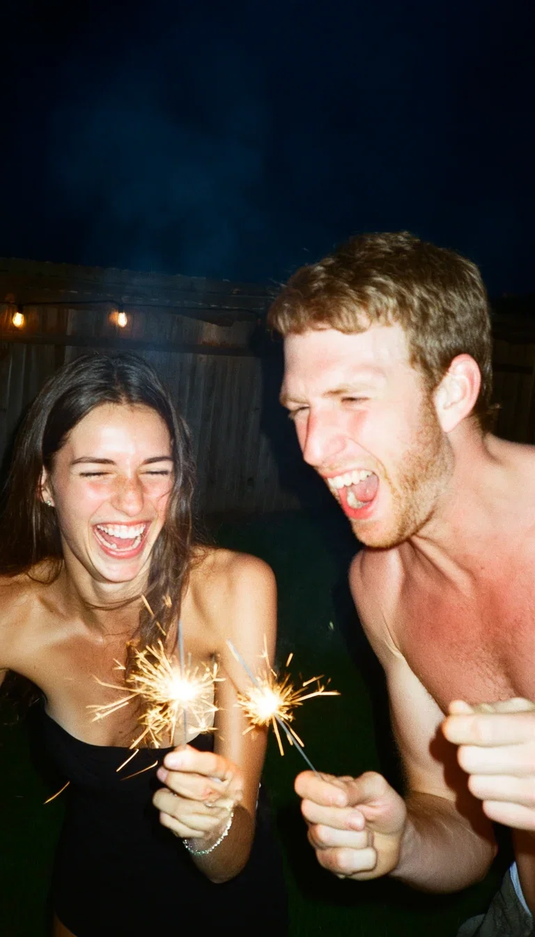 Direct-flash night photo of two friends laughing with sparklers at a backyard party, generated with Higgsfield Soul on FluxoKit