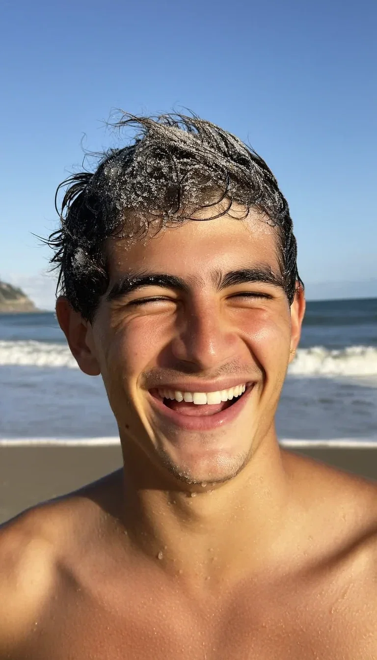 Golden-hour portrait of a laughing surfer with salt-dried hair, generated with Higgsfield Soul on FluxoKit