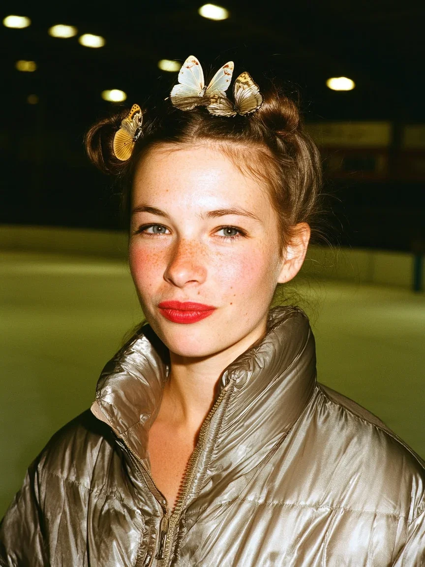 Y2K style snapshot of a woman with butterfly clips at a roller rink, generated with Higgsfield Soul on FluxoKit