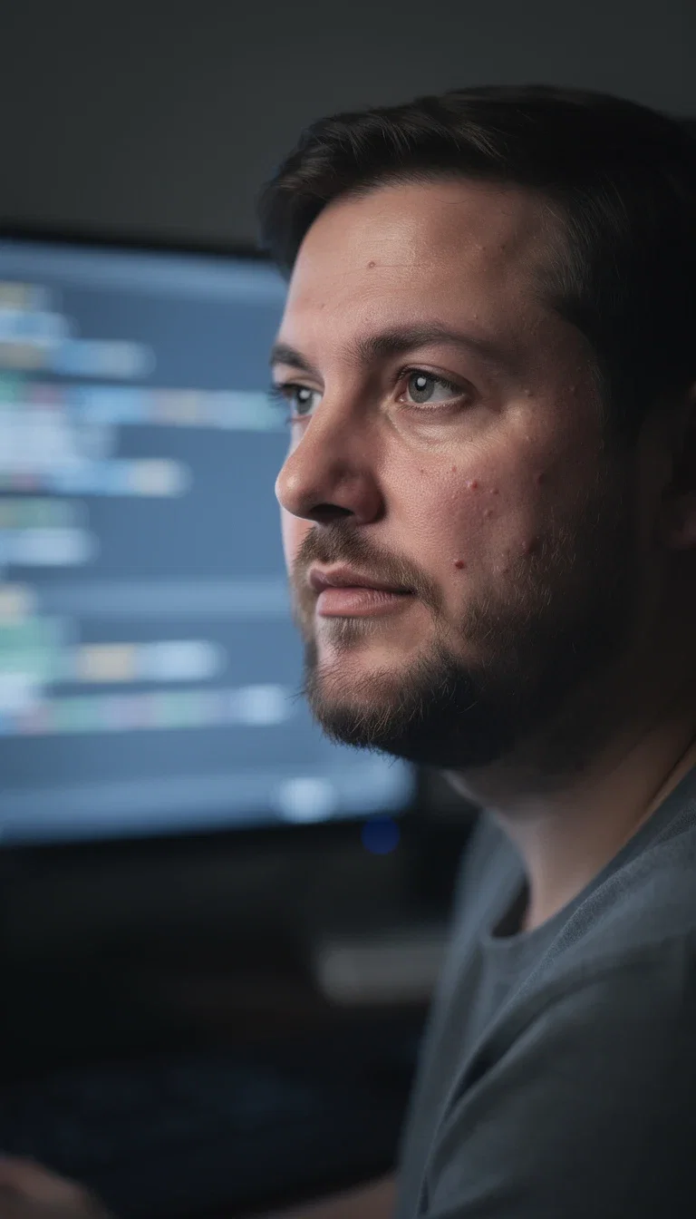 Developer at a dark desk lit by the glow of a defocused code monitor, generated on FluxoKit