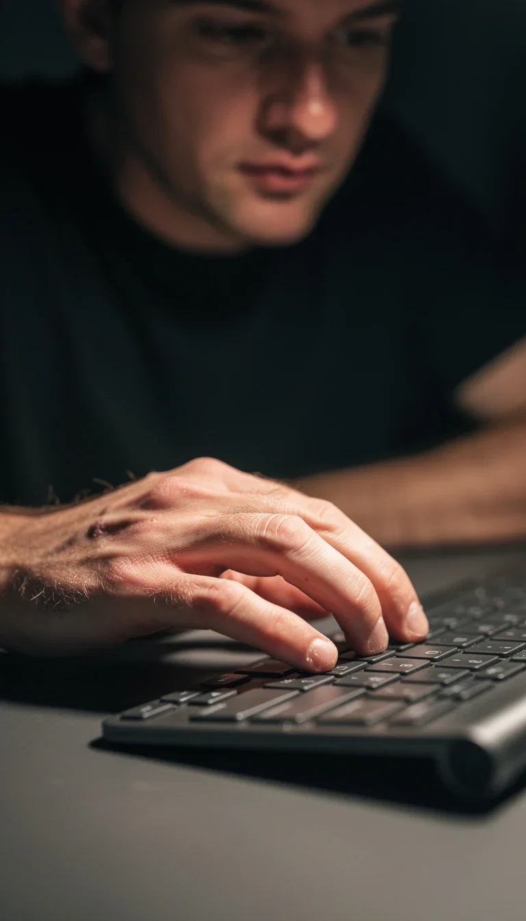 Macro shot of hands typing on a low-profile keyboard in warm desk-lamp light, generated on FluxoKit