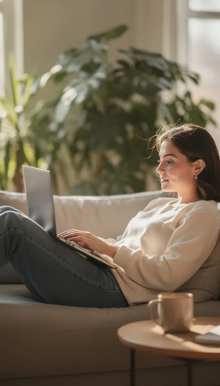 Relaxed woman on a sunlit sofa generating art on a plain laptop, weekend no-code energy, generated on FluxoKit