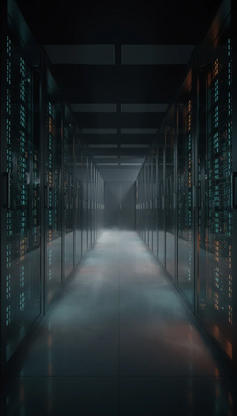 Cinematic corridor of server racks with teal and amber status lights receding into low fog, generated on FluxoKit