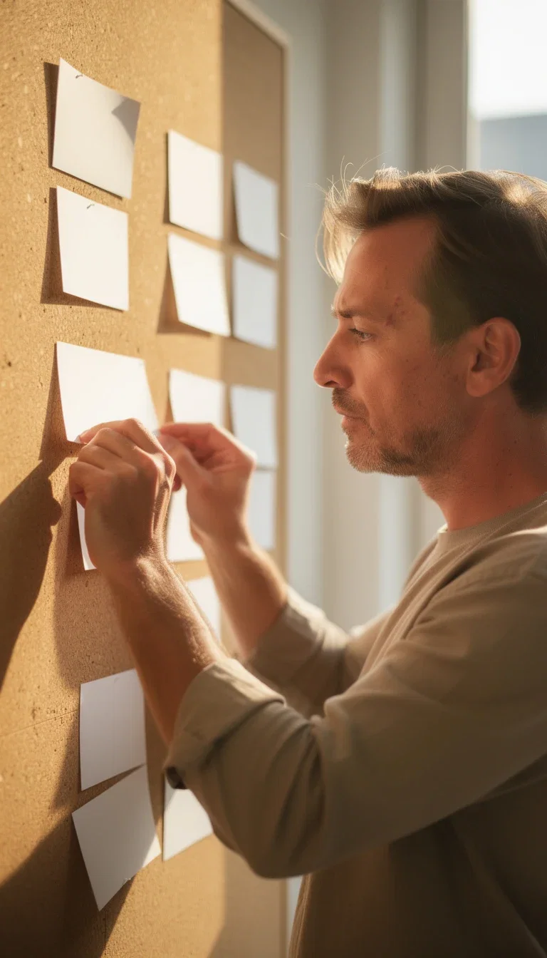 Creative director pinning blank storyboard cards to a corkboard in golden afternoon light, generated on FluxoKit