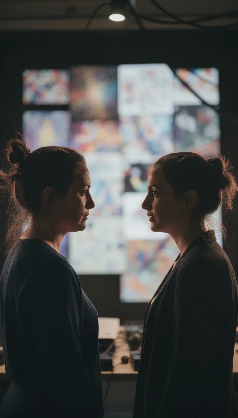 Two colleagues reviewing a defocused wall of generated images in a dim studio, generated on FluxoKit