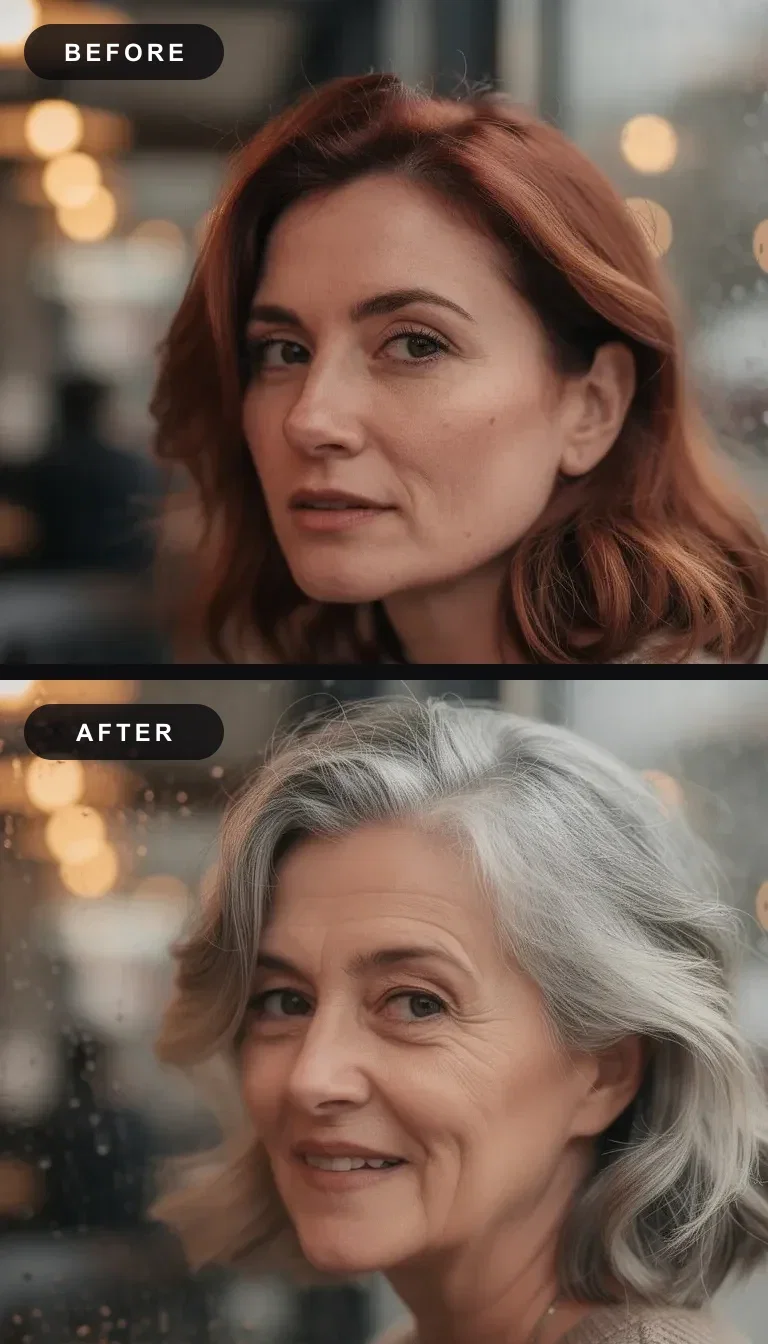Before and after face swap diptych: the same rainy cafe portrait with two different women's identities, edited with FLUX.2 on FluxoKit