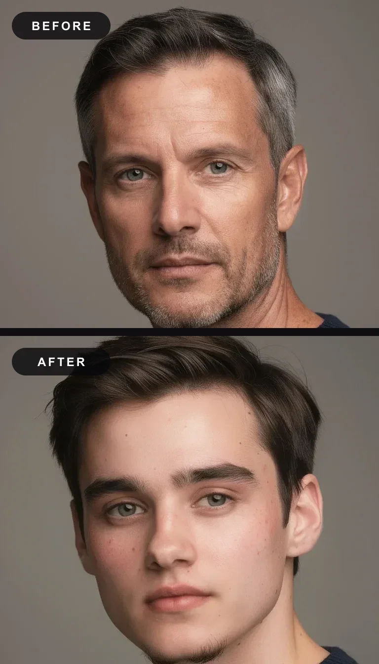 Before and after face swap diptych: the same gray studio portrait swapped from an older to a younger man, edited with FLUX.2 on FluxoKit