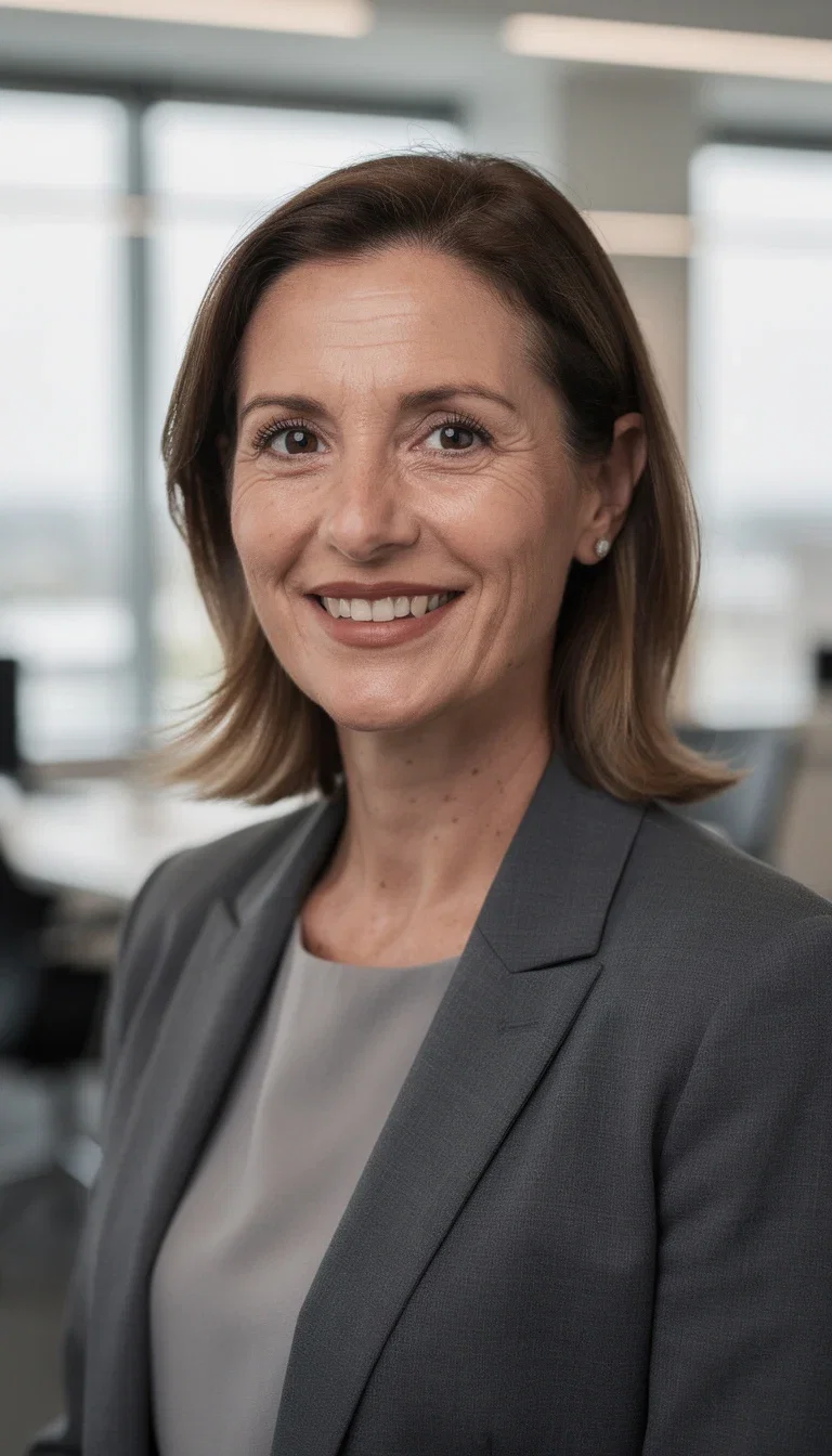 Natural business headshot of a smiling middle-aged woman in a charcoal blazer, generated on FluxoKit